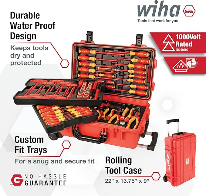 Wiha 32800 Insulated Tool Set with Screwdrivers, Nut Drivers, Pliers, Cutters, Ruler, Knife and Sockets in Rolling Tool Case, 10,000 Volt Tested and 1000 Volt Rated, 80-Piece Set