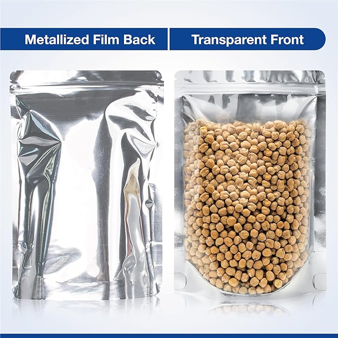 BELLE KR® Clear Mylar Bag 8"x12" - Pack of 100, 8 Mil Thick - 2 Quart Stand Up See Through Mylar Bags for Food Storage with Label Stickers