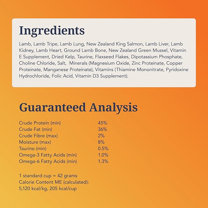 Feline Natural High Protein Dry Cat Food, Freeze-Dried Diet with 98% Meat, Organs & Seafood, No Peas, Grains, or Artificial Additives, Made in New Zealand, Lamb & King Salmon, 3.5oz