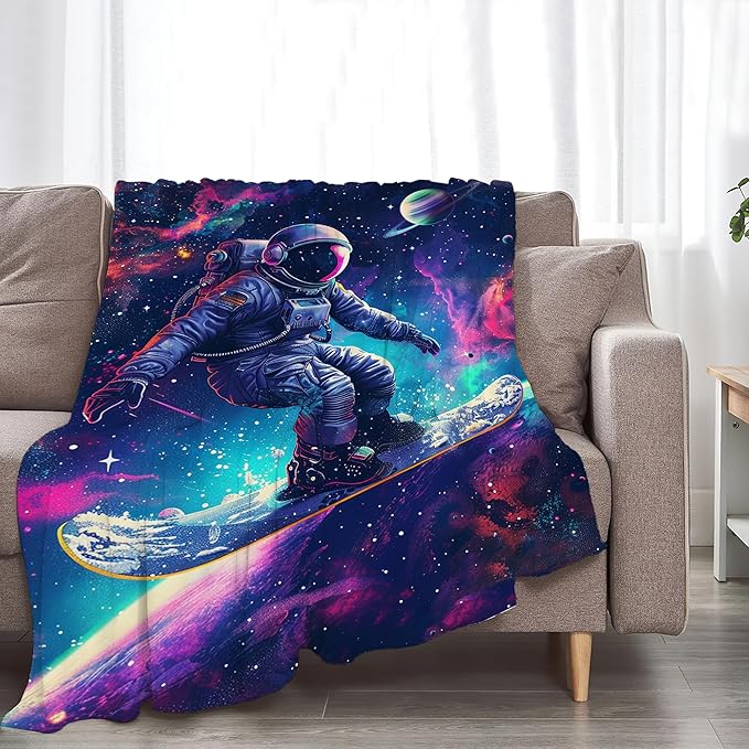Astronaut and Skateboard Throw Blanket - Spaceman Gifts and Decor for Boys Girls Women Men Kids Adults - Soft Warm Cozy Fleece for Couch Sofa Bed 80"x60"