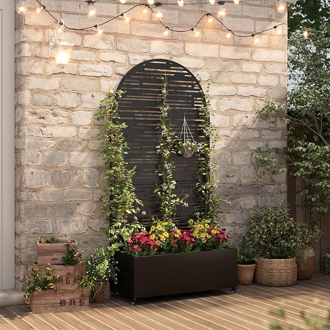 Metal Planter with Trellis& Wheels 72" x 35"x 15.7" Raised Garden Bed with Trellis,Privacy Planters for Patio,Garden Bed for Climbing Plants,Suitable for Climbing Plants and Vegetables,Black