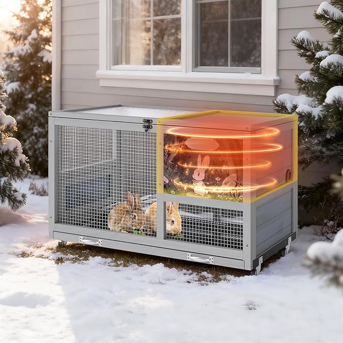 COZIWOW 36.5-Inch Double-Decker Wooden Insulated Rabbit Hutch with Wheels, Heated Rabbit Cage Featuring A Cleaning Tray and Ladder—Stylish&Easy to Assemble（Grey and Warm）