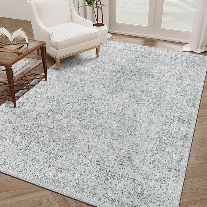 Madane 9x12 Area Rugs for Living Room, Machine Washable Rug with Anti-Slip Backing, Soft Vintage Large Area Rug, Floral Print Floor Carpet for Bedroom Dining Room (9 x 12, Light Grey)