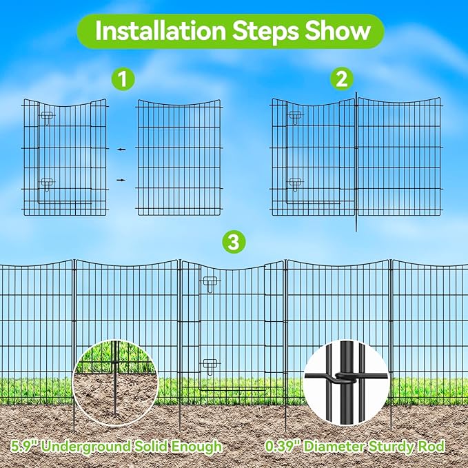 INJOPEXI Decorative Garden Fence 12 Panels 26ft(L)×36in(H) Metal Garden Fences with 11 Panels + 1 Gate, Animal Barrier Rabbit Fence Rustproof Wire Temporary Dog Fencing Outdoor for Backyard Lawn
