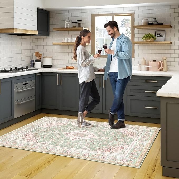 Vhong Washable Area Rugs Boho Vintage Modern Neutral Small Carpet Green and Pink High Traffic Rugs 4×6 for Dinning Room Living Room Bedroom Farmhouse Non Slip