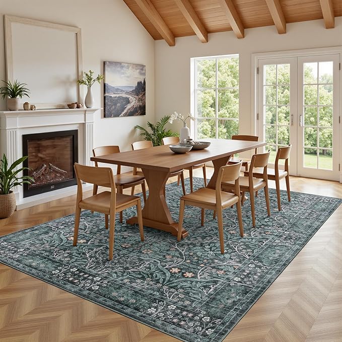 8x10 Retro Green Area Rug,Washable Living Room Floral Large Rug for Dining Room Entryway Farmhouse Nursery Home Office，Low Pile Stain & Slip Resistant Carpet for Bedroom