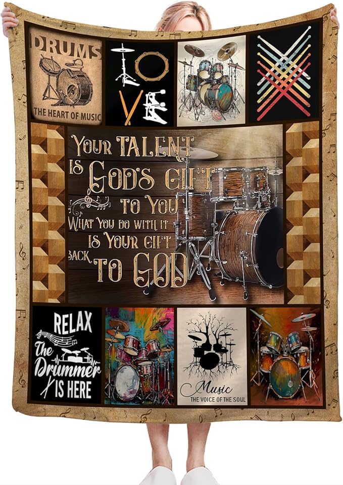 Rock Music Blanket Ultra Soft Cozy Drum Set Kit Throw Blanket Fleece Fuzzy Plush Bedding Vintage Musical Instrument Lovers Gifts for Women Girls Kids Adults 60"x50"