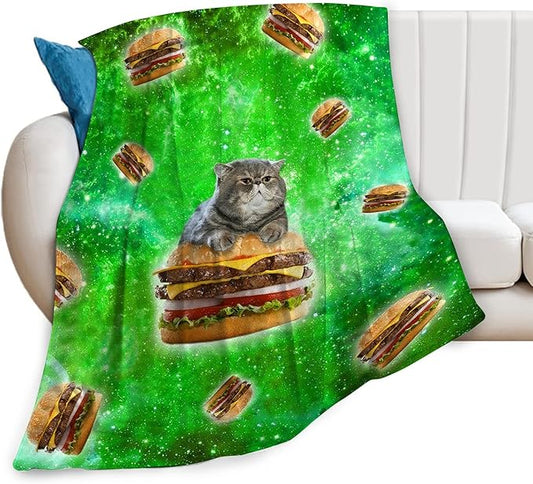 Funny Cat & Hamburgers Throw Blanket for Kids & Adults - Ultra Soft Cozy Fleece for Couch, Sofa, Bed - 50"x60"