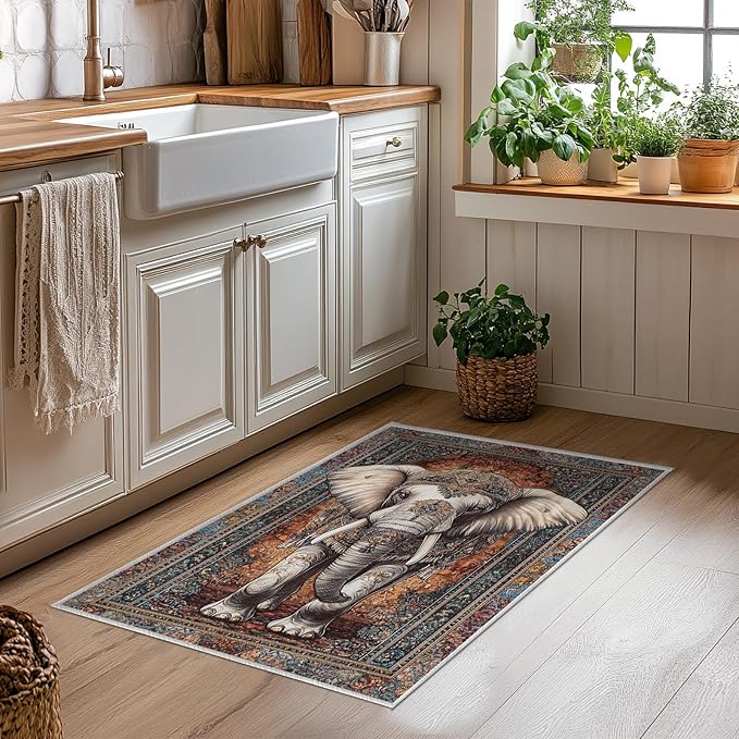 2x3 Elephant Area Rugs Boho Elephant Rug for Bathroom Kitchen Entryway Indoor Soft Non-Slip Thin Hippie Carpet Vintage Small Brown Doormat for Office Dining Room Under Table Washable Machine