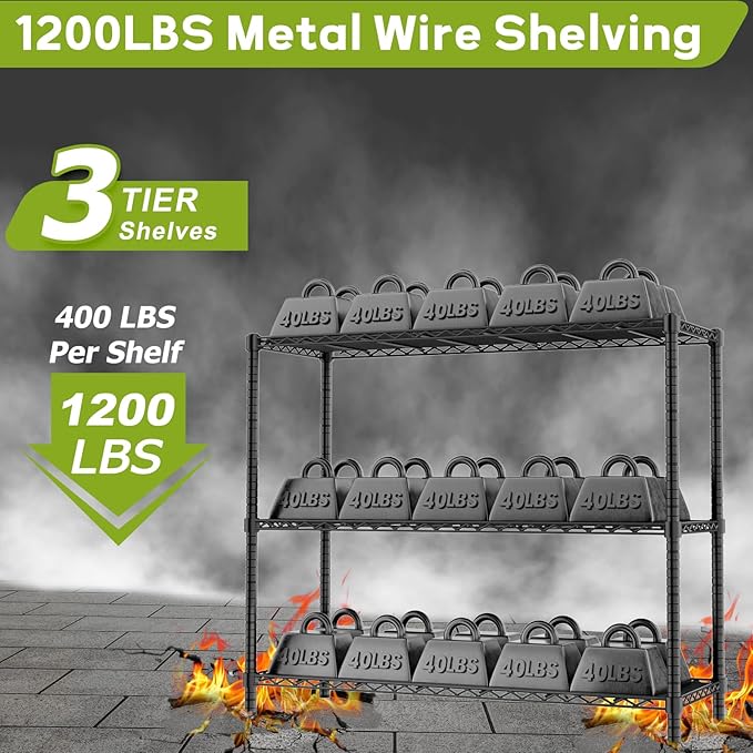 Storage Shelves, 48" L x 20" W x 47" H Heavy Duty Garage Wire Shelving Unit Loads 1200LBS, 3-Tier Adjustable Metal Industrial Utility Shelf Rack for Kitchen, Laundry Room, Basement
