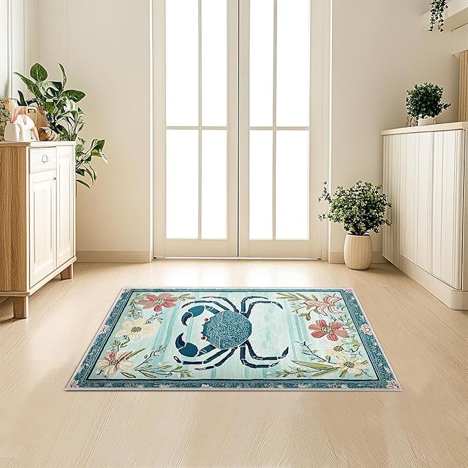 2x3 Crab Area Rugs Boho Teal Rug for Bathroom Kitchen Entryway Indoor Soft Non-Slip Thin Hippie Carpet Small Floral Doormat for Office Dining Room Home Decor Under Table Washable Machine
