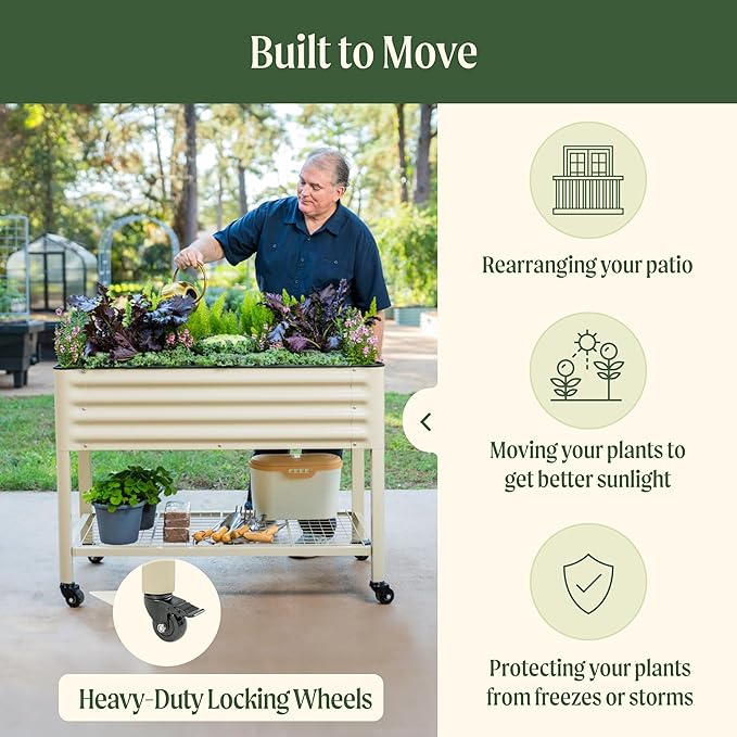 Rolling Elevated Raised Garden Bed-V Series, 2' x 4' Garden Beds with Legs & Storage Rack for Patio & Porch, 700 Lbs Weight Capacity, Outdoor Planter Box for Vegetables Flower Herbs, Pearl White