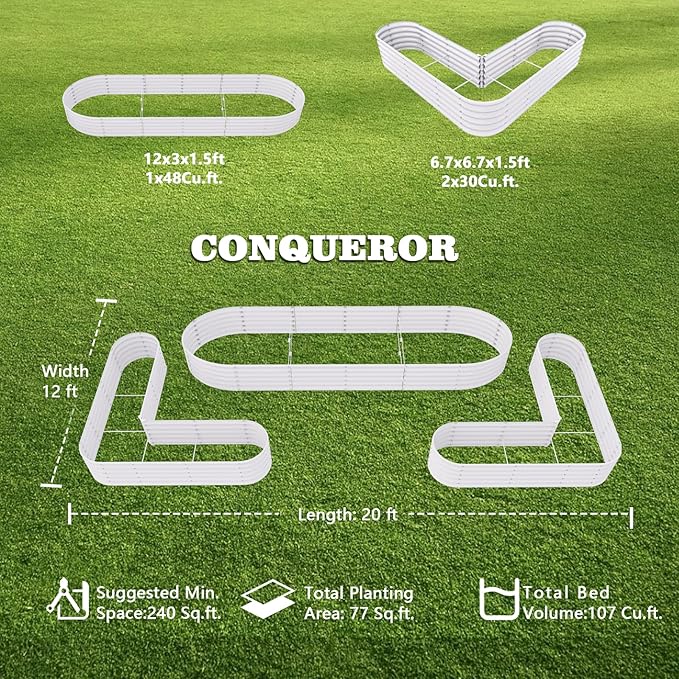 A ANLEOLIFE 3-Pack 12X3X1.5ft & 81x81x18 in Deep Root Galvanized Raised Garden Beds Outdoor for Planting Vegetables Flowers Herb, Antique White