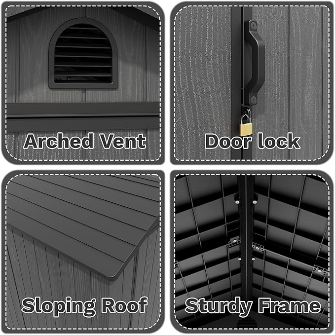 Devoko 4x6 FT Outdoor Storage Plastic Shed, Waterproof Resin Garden Shed with Lockable Door, Floor & Window, All-Weather Tool Shed for Backyard, Patio, Lawn, Poolside, Dark Gray