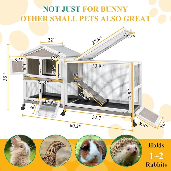 Outdoor Rabbit Hutch 2-Story Hutch for Indoor Bunny Weatherproof Bunny Cage with 6 Wheels, 3 Waterproof,Pull Out Trays, Safe Metal Run, and Multi-Functional Design for 1-3 Rabbits Small Pets