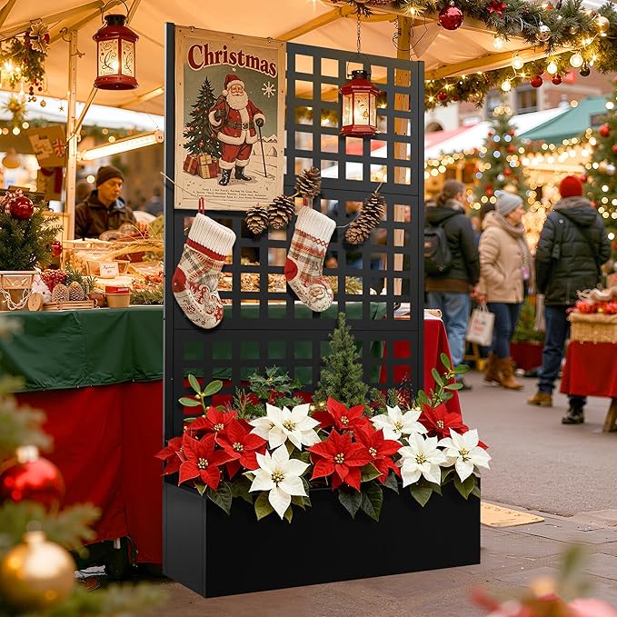 FENCY Metal Raised Garden Bed with Trellis, Metal Planter Box with Trellis, Garden Box for Climbing Plants Vegetable, 35''Lx16''Wx71''H Garden Bed with Drainage Holes(Black)