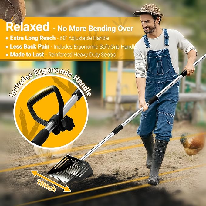 Pugala 5-in-1 Large Chicken Poop Scooper & Rake – 24" to 68" Long Adjustable Stainless Steel Handle, 10" Wide Metal Sifting Shovel Head – Heavy Duty Chicken Coop Cleaning Tool for Litter & Sand,Black