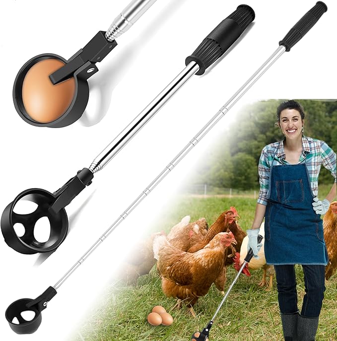 2Pcs Egg Grabber for Chicken Eggs, Extendable Egg Picker Tool with Ergonomic Handle, Stainless Steel Long Grabber Reacher for Coop, Poultry Nest, Farm & Outdoor Egg Collector