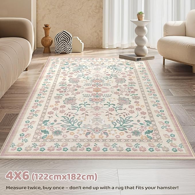 4x6 Area Rug Living Room Rugs - Washable Boho Vintage Floral Large Soft Non Slip Thin Rug Low Pile Carpet for Bedroom Dining Room Kids Playroom Office Decor Indoor- Pink