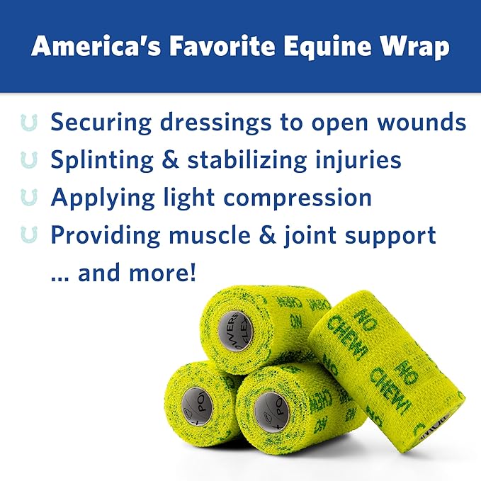 PowerFlex Equine – Extra Strong Self-Adhering Bandage Wrap – Wound Care, Compression & Support Bandage for Horses, Cows & Dogs – No Chew, 4 inch, 4 Rolls (Resealable Case)