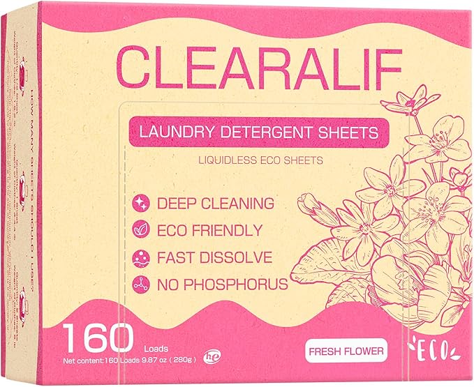 Laundry Detergent Sheets Up to 160 Loads, Fresh Flower - Great For Travel,Apartments, Dorms,CLEARALIF Laundry Detergent Strips Eco Friendly & Hypoallergenic - 80 Sheets