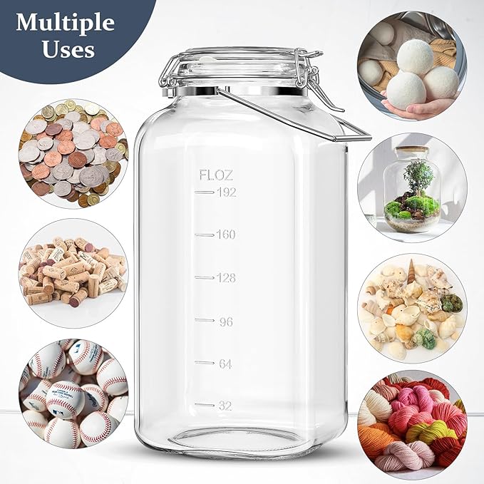 [Upgrade] 2 Gallon Glass Jars with Airtight Lids, 7400 ml Large Wide Mouth Glass Mason Jars with Stainless Steel Handle, Big Storage Jars with Lids, 2 Scale Markings Cereal Containers Storage