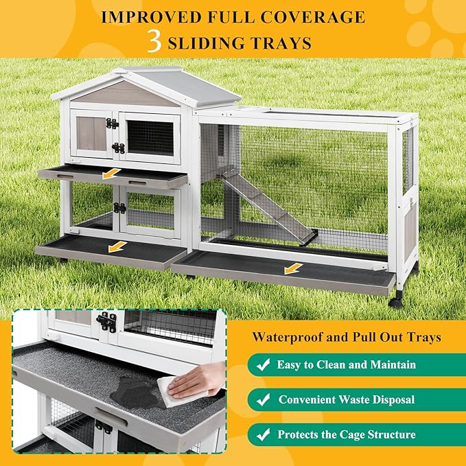 Outdoor Rabbit Hutch 2-Story Hutch for Indoor Bunny Weatherproof Bunny Cage with 6 Wheels, 3 Waterproof,Pull Out Trays, Safe Metal Run, and Multi-Functional Design for 1-3 Rabbits Small Pets