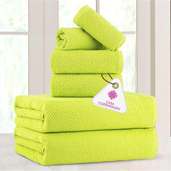 CASA COPENHAGEN Popcorn Textured 6 Pieces Towel Set- Neon Green, 550 GSM 2 Bath Towel 2 Hand Towel 2 Washcloth, Rough & Tough Use Cotton Towels Gift Set for Bathroom