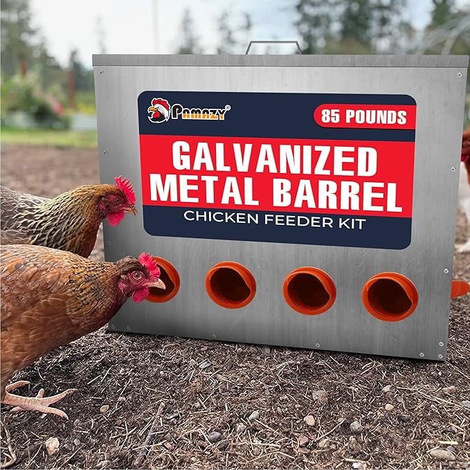 Large Capacity 85lbs Automatic Metal Poultry Feeder Set, Chicken Galvanized Trough, Chicken Feeder No Waste, Rainproof Poultry Feeders, Preventing Small Animals, Suitable for Chickens, Ducks, Turkeys