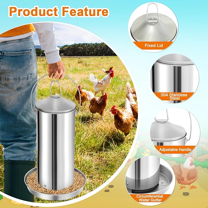 RYFT 8.8 lb Chicken Feeder, Stainless Gravity-Fed No Waste Poultry Feed, Weatherproof Construction with Handle for Chicken Coops, Duck Farms, and Goose Farms