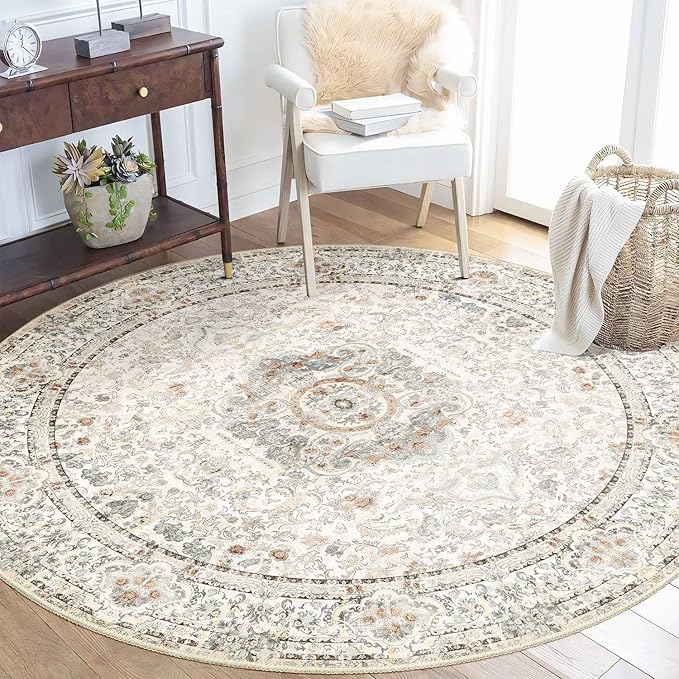 Boho Round Rug 5ft,Washable Circle Area Rugs for Bedroom Living Room,Beige Vintage Bohemian Distressed Oriental Floral Carpet Non Slip