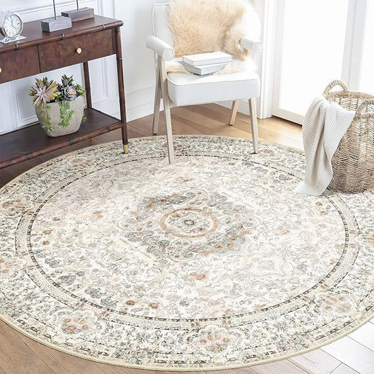 Boho Round Rug 5ft,Washable Circle Area Rugs for Bedroom Living Room,Beige Vintage Bohemian Distressed Oriental Floral Carpet Non Slip