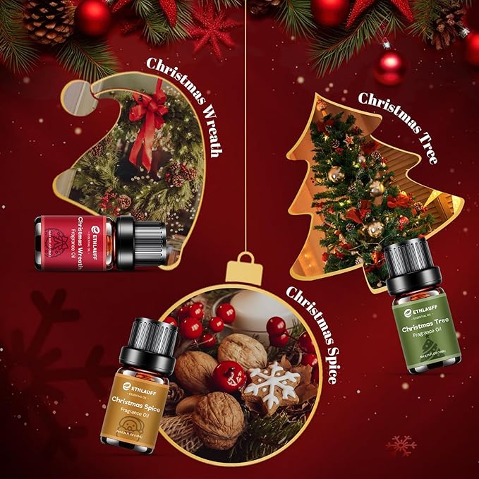 Fragrance Oil Christmas Set, Jingle Bells, Christmas Wreath, Xmax Tree, Gingerbread, Spice, Vanilla Bean Noel, Scents for Candle Soap Making Supplies, Essential Oil for Home