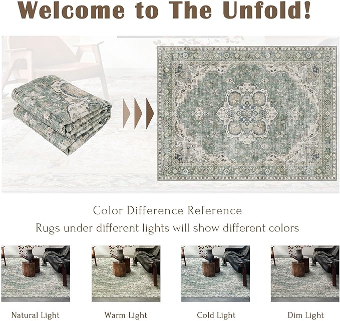 Area Rugs 10x14 Living Room - Large Washable Sage Green Boho Rugs for Bedroom Soft Vintage Rug Ultra-Thin Farmhouse Oriental Carpet Medallion Rug for Dining Room Guest Room Home Decor