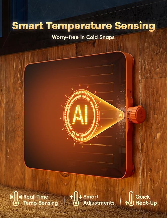 Smart Chicken Coop Heater, 200 Watts Chick Heater Built-in Adaptive Temperature Sensor, Chicken Coop Heater for Winter, Coop Heater Adaptable to Timer and Temp Controllers,UL-Compliant