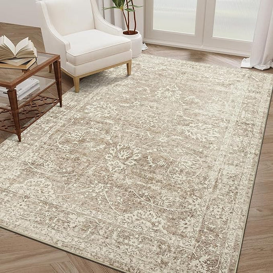 Madane Washable Area Rug 4x6, Low Pile Stain Resistant Vintage Area Rugs, Non Slip Accent Rug Floral Print Indoor Mat for Living Room Kitchen Bedroom, Brown/Sand