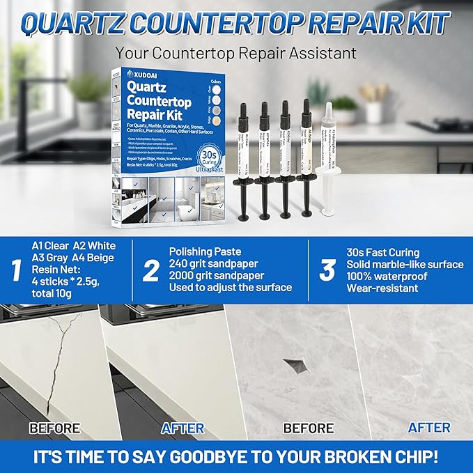 Quartz Countertop Repair Kit (Clear, White, Gray, Beige) 30s Fast Curing DIY Fix Luxury Stone, Granite Marble Acrylic Porcelain Fiberglass Quartz Countertop Chip Repair Kit for Cracks Holes Scratches