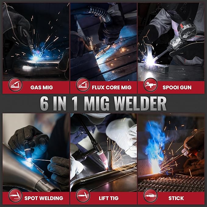 bestarc 215Amp MIG Welder, 110V 220V Gas MIG/Flux Core MIG/Stick/Lift TIG/Spool Gun/Spot Welding 6 IN 1 Aluminum Welding Machine, IGBT Multiprocess bestarc Welder with Synergy, Spool Gun Compatible