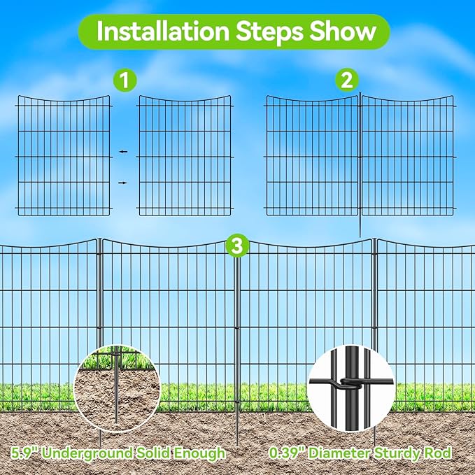 INJOPEXI Decorative Garden Fence 6 Panels 11.8ft(L)×30in(H) Garden Fences Outdoor with 6 Panels Rustproof Metal Wire No Dig Temporary Animal Barrier Fencing for Backyard Patio - Without Fence Gate