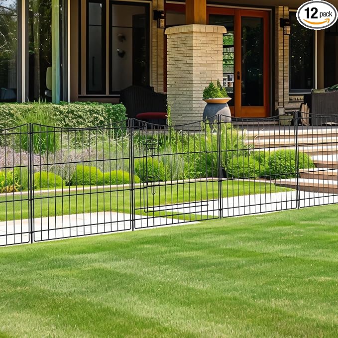 INJOPEXI Garden Fence 12 Panels 23.6ft(L)×24in(H) Decorative Garden Fences with 11 Panels + 1 Gate, Rustproof Metal Wire Temporary No Dig Rabbit Animal Barrier Fencing Dog Fence for Yard Patio Outdoor