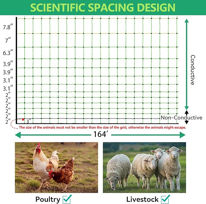 Poultry Netting Electric Fence, 49.6" H x 164' L, Portable Livestock Nets Mesh for Chickens, Ducks, Geese, Turkey, Electric Fencing for Backyards, Homesteaders, Farms, Ranches, Gardens