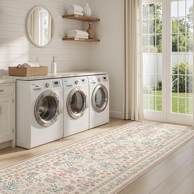 3x10 Runner Rug for Hallways Kitchen: 3x10 Washable Area Rug Boho Floral Soft Long Rug - Non-Slip Low Pile Throw Indoor Carpet for Entryway Kitchen Bedroom Laundry Bathroom- Pink