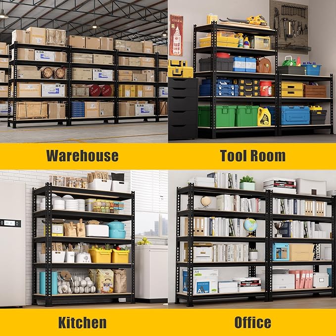 5-Tier Metal Storage Shelves: Heavy Duty Garage Shelving Adjustable Shelves for Storage - Black Utility Rack Shelf for Pantry, Warehouse, Office, Kitchen, 28" W x 12" D x 59" H, 2PCS