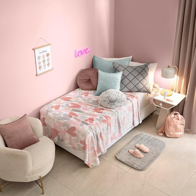 Vianney Love Queen Size Lightweight Fleece Blanket in Pink, Coral, and Grey Hearts