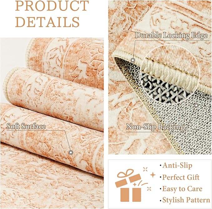 Madane 5x7 Area Rugs for Living Room, Washable Vintage Rug with Non-Slip Backing, Soft Floral Print Throw Rugs Floor Low Pile Carpet for Bedroom Dining Room Farmhouse (5 x 7, Jasper Orange)