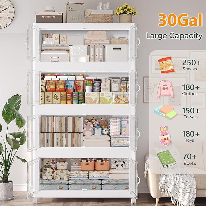 120Gal Stackable Storage Bins with Lid, 480Qt Extra Large Collapsible Storage Box with Doors and Wheels, Plastic Closet Organizer and Storage Cabinet Drawer for Home Kitchen, 4Pack White