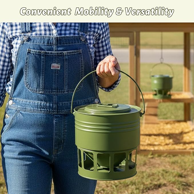 Hanging Chicken Feeder – 20lbs Metal Chicken Feeder, Adjustable Poultry Feeder with 12 Ports, No Installation & Universal Height Design (Avocado Green, 20lbs)