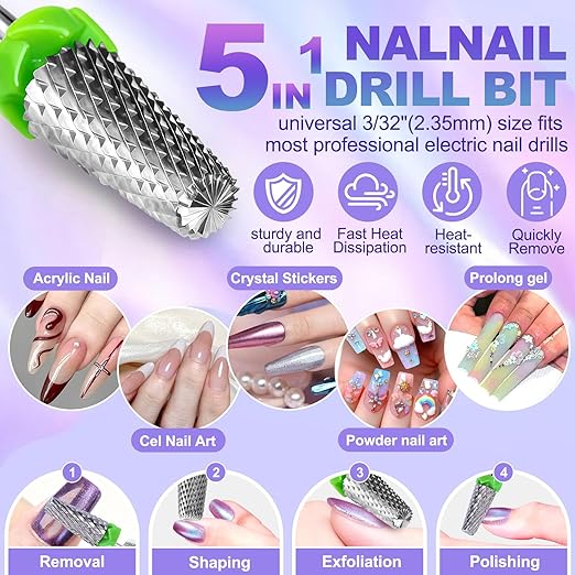 Fantexy 3/32" Carbide Nail Drill Bit - Remove Acrylic Hard Gels Quickly and Safely, 5-in-1 Tungsten Carbide Nail Drill Bit for Nail Art,Manicure,Pedicure,Gel,Cuticle Clean (Coarse - C)