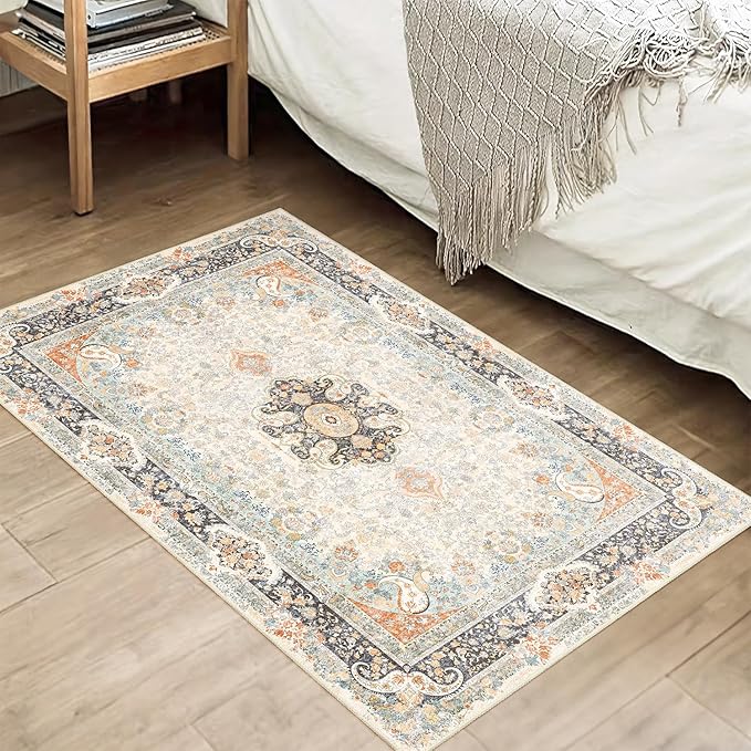 Small Rugs 2x3,Vintage Rug for Entryway Bathroom Bedroom Kitchen Entrance Doormat,Boho Bohemian Distressed Washable Accent Floor Throw Carpet Non Slip,Retro Blue Grey Floral