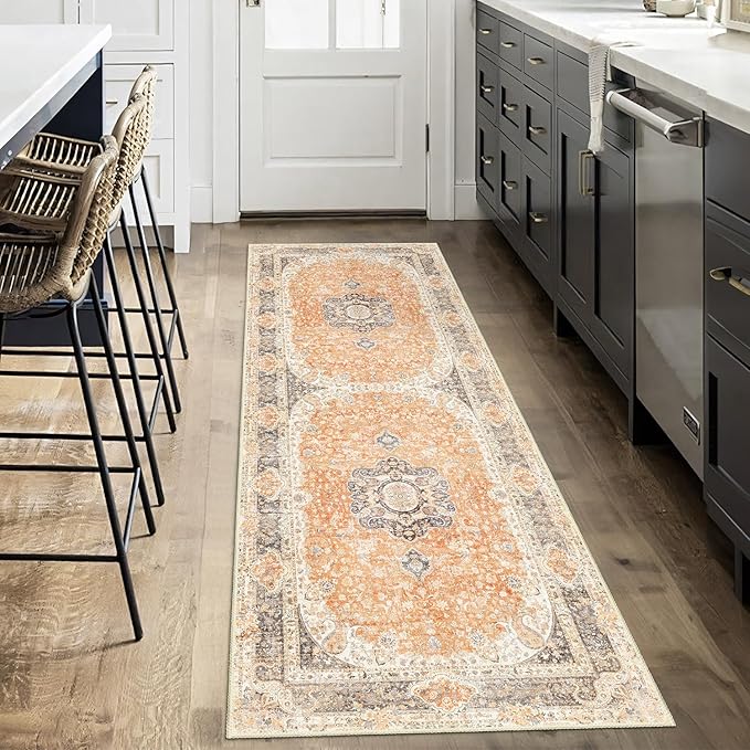 Washable Runner Rug 2x6,Boho Rug Runners Non Slip,Long Rugs for Hallways Kitchen Bedroom Entryway Bathroom,Vintage Bohemian Distressed Farmhouse Floor Carpet,Retro Orange Grey Floral